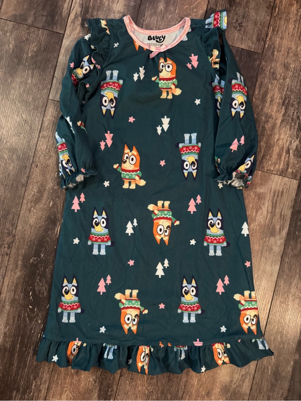 Girls' Teal Blue Character Long Sleeve Nightgown with Ruffle Hem
